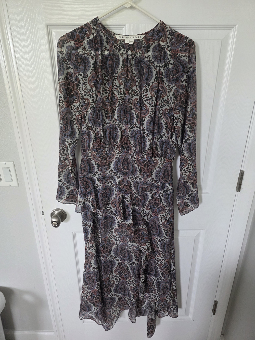 Veronica Beard Paisley Long-Sleeve Midi Dress in Dusty Pink and Navy